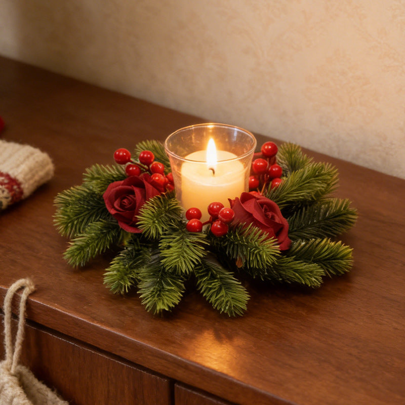 Christmas candle wreath with pine needles and berries