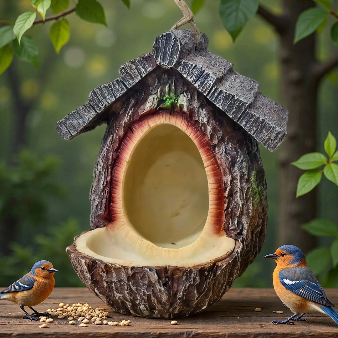 Decorative birdhouse in stump tree look made of resin