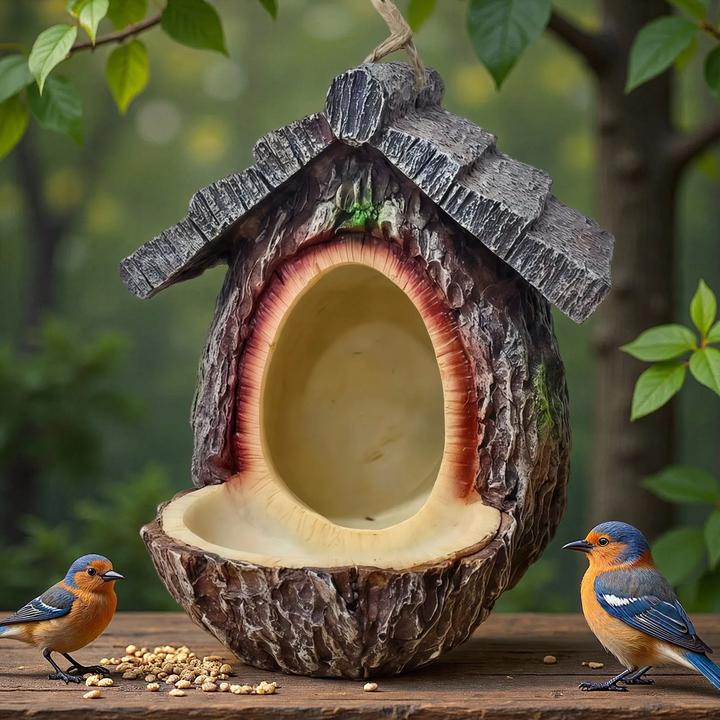 Decorative birdhouse in stump tree look made of resin