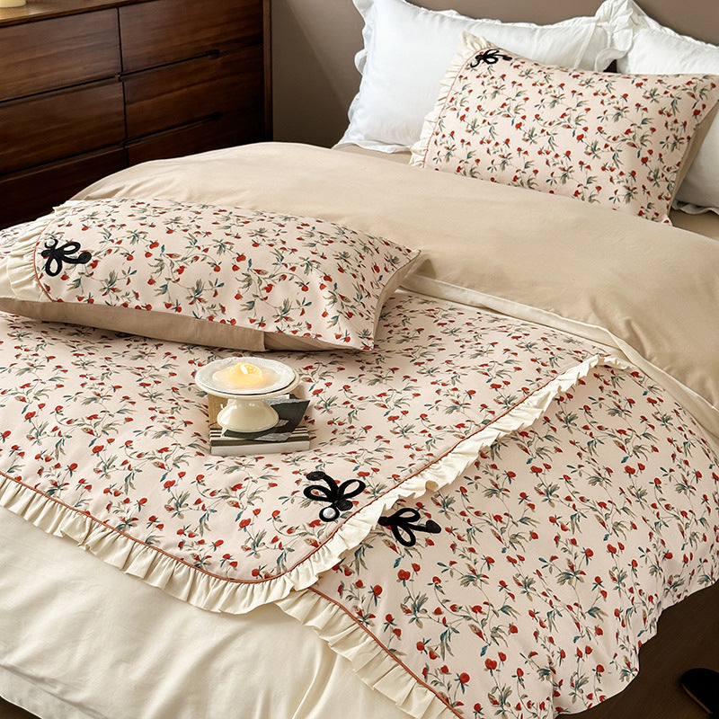 French cotton bedding set, brushed, with floral pattern