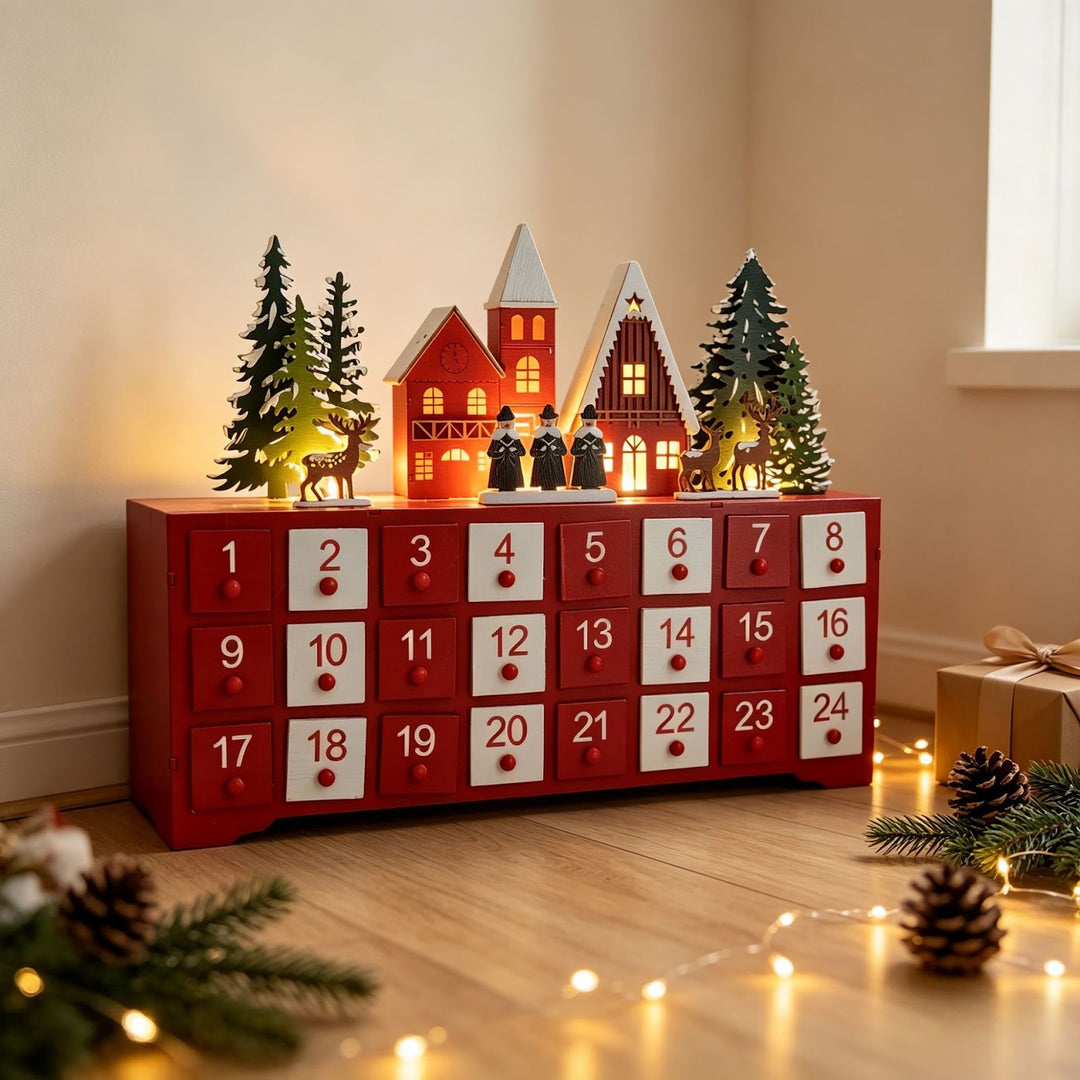 Wooden Advent Calendar, Village Design, 24 Compartments