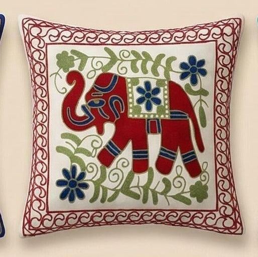 Embroidered cushion cover with elephant design, 45×45 cm