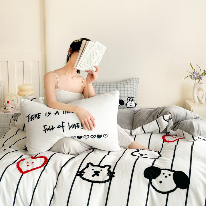 Milk fleece bedding set, cartoon design, warm