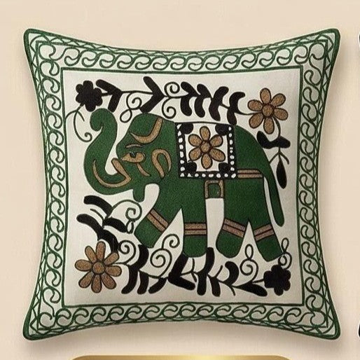 Embroidered cushion cover with elephant design, 45×45 cm
