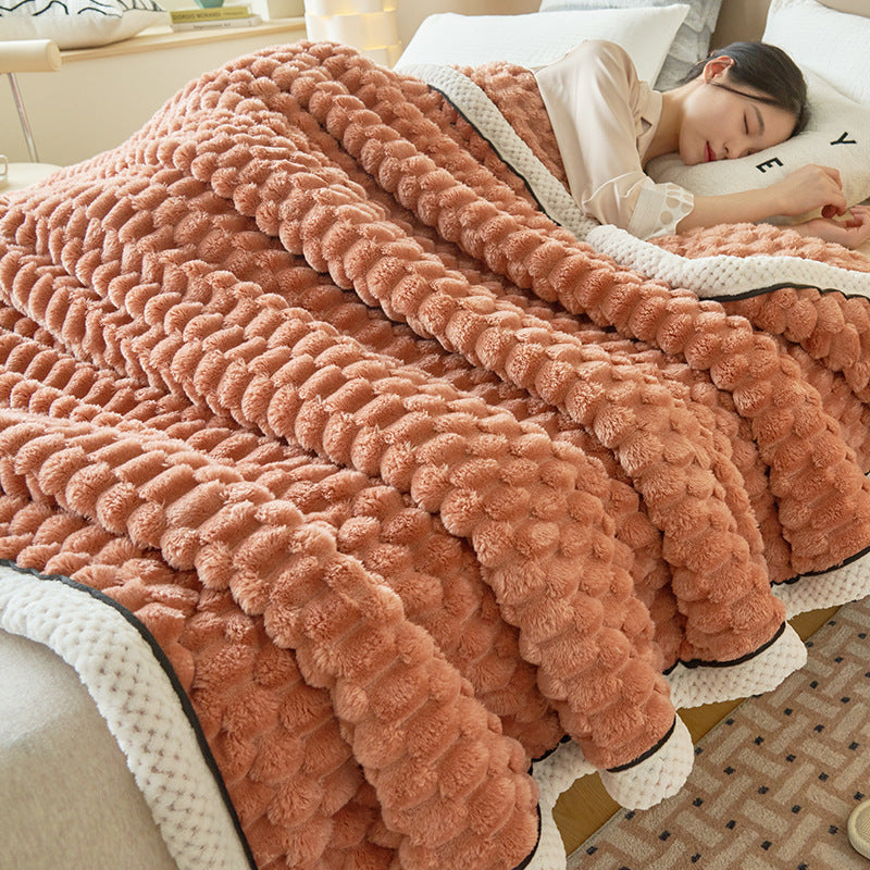 Soft coral fleece blanket with lamb fleece look