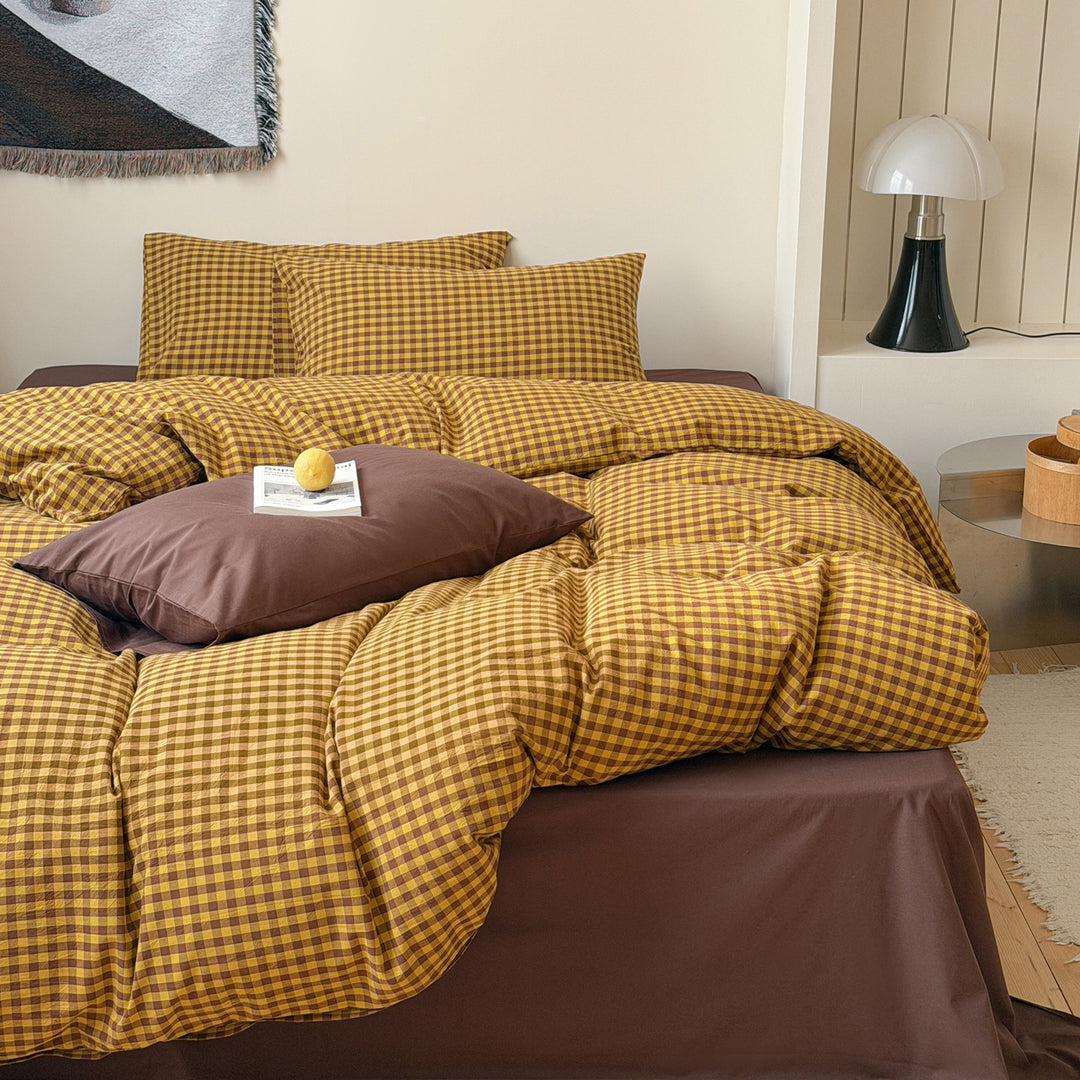 Washed cotton bedding, 4-piece, checkered