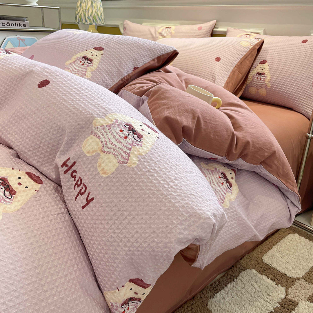 Cotton bedding set, waffle pique look, printed
