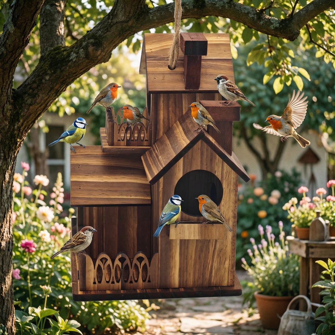 Wooden birdhouse for the garden, hanging
