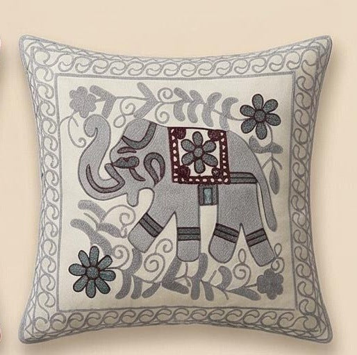 Embroidered cushion cover with elephant design, 45×45 cm
