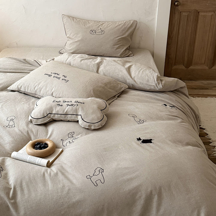 Cotton bedding set with dog embroidery