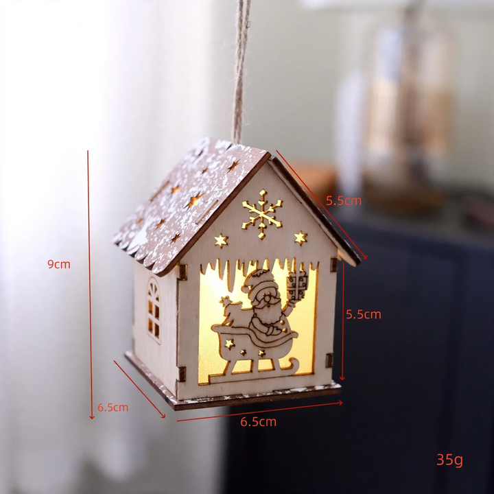 Illuminated wooden house, Christmas decoration for hanging or placing