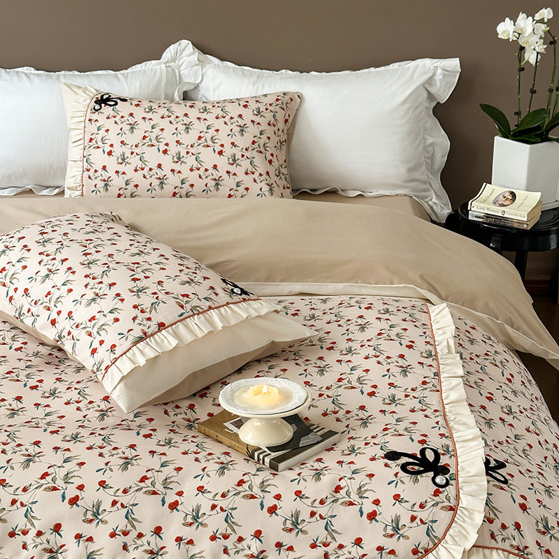 French cotton bedding set, brushed, with floral pattern