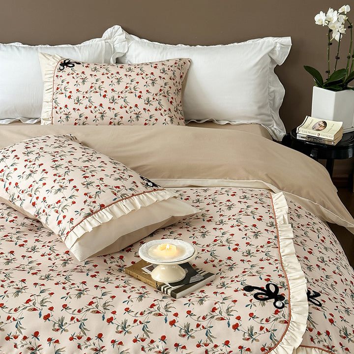 French cotton bedding set, brushed, with floral pattern