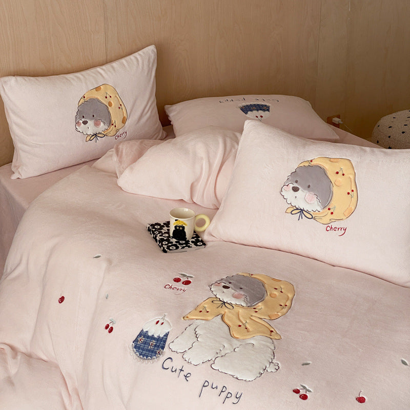 Milk fiber fleece bedding set, cartoon design, warm