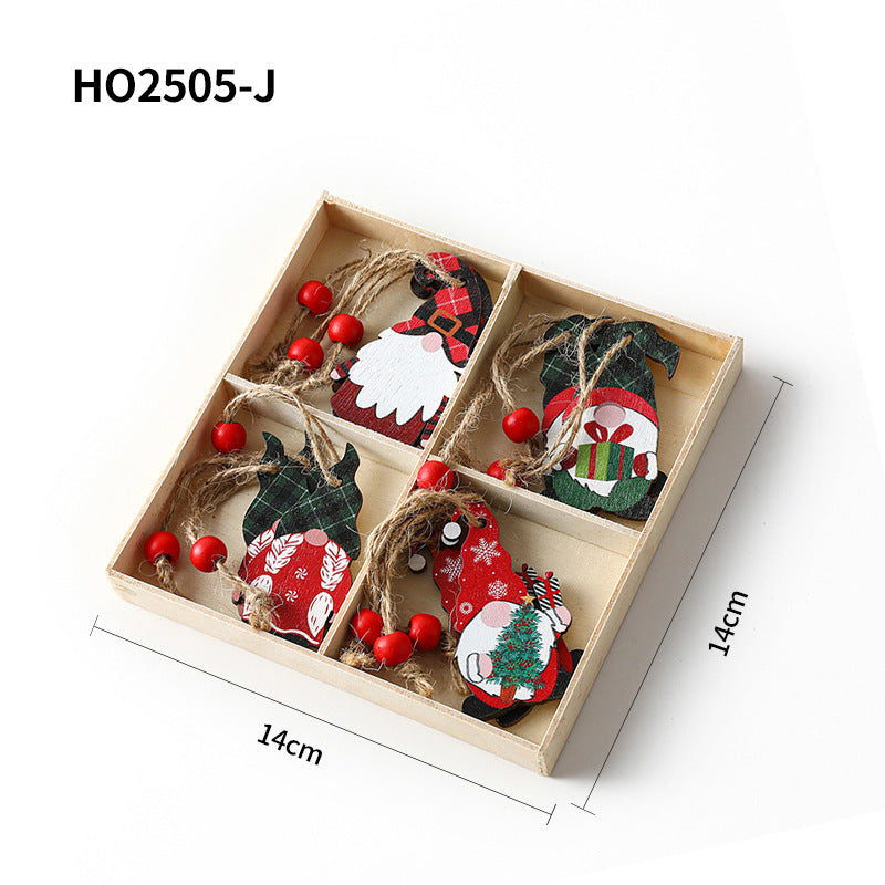 Christmas wooden pendant set, 4-piece box with gnome motifs