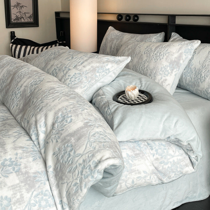 Milk fiber fleece bedding set, winter warm, floral