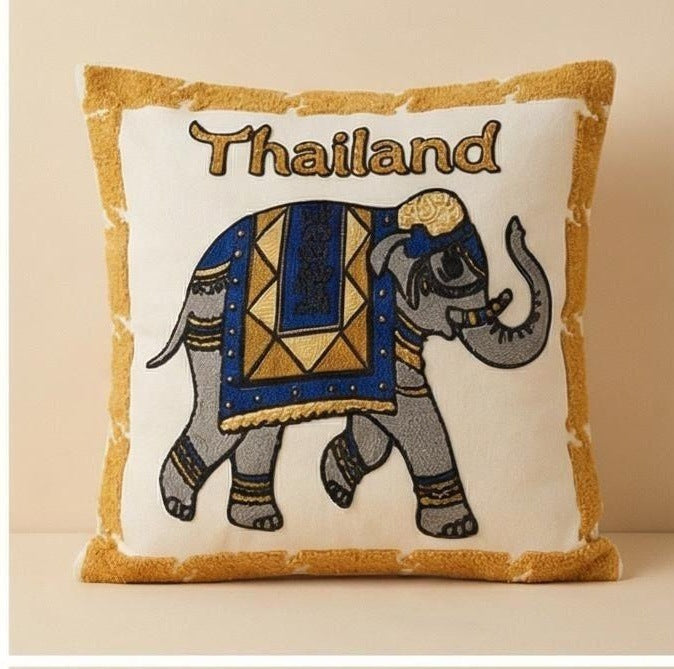 Embroidered cushion cover with elephant design, 45×45 cm