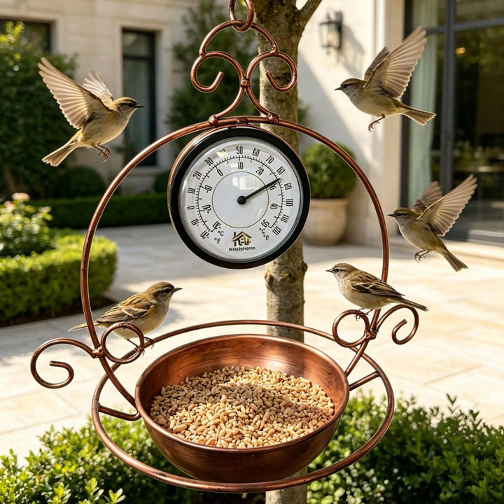 Hanging bird feeder station made of iron with thermometer