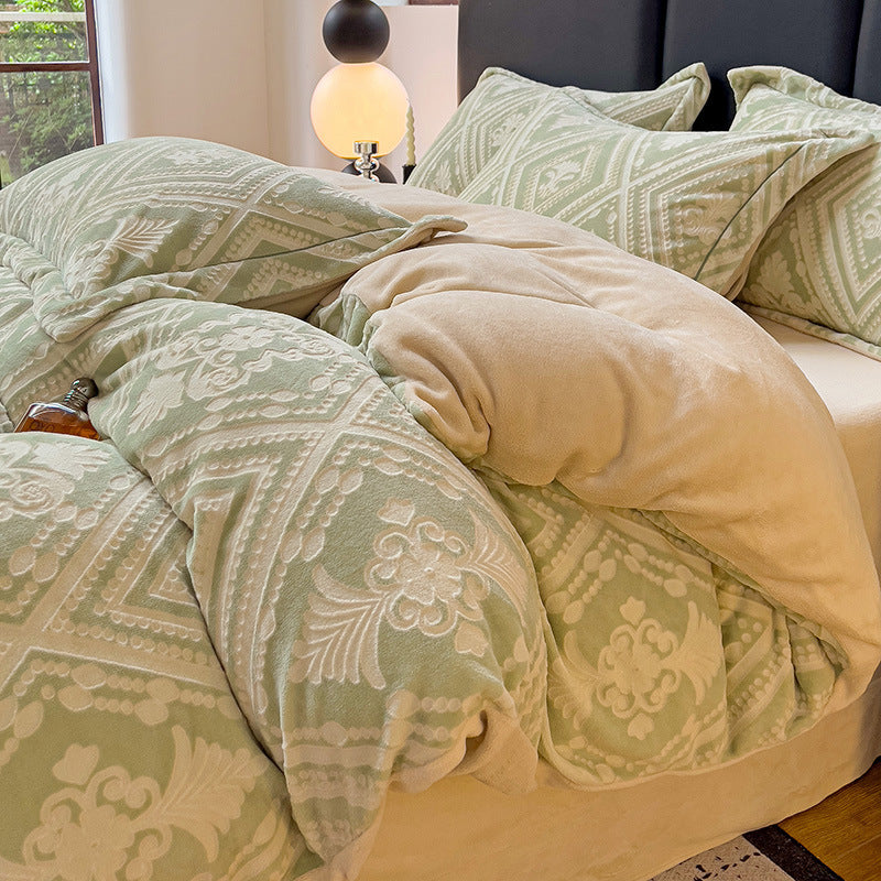 Milk fiber fleece bedding set with 6D embossing