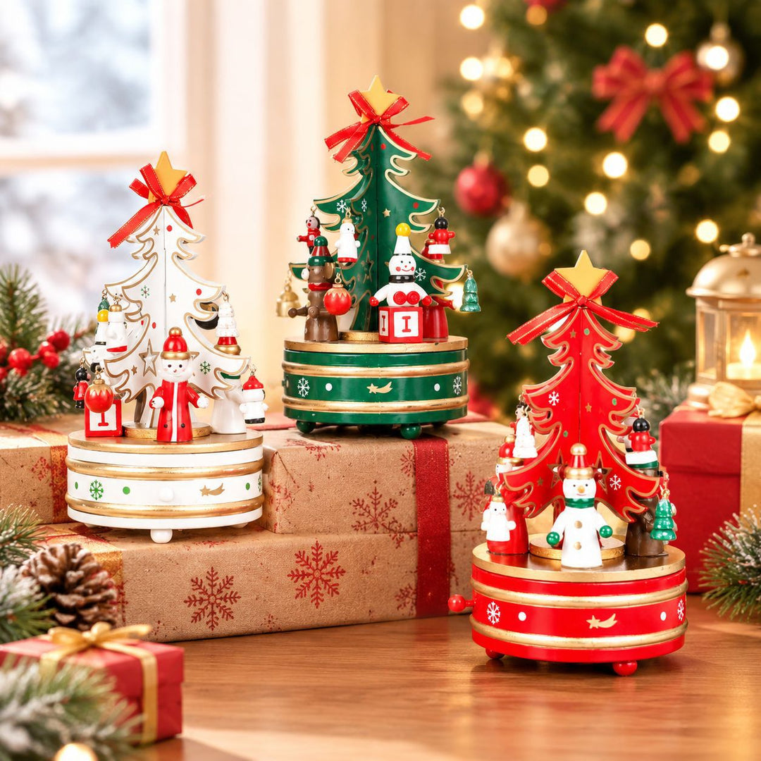Christmas wooden music box with winding mechanism
