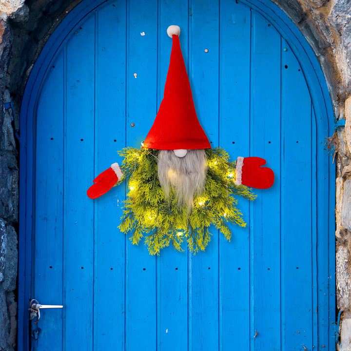 Christmas door wreath with gnome motif and lighting