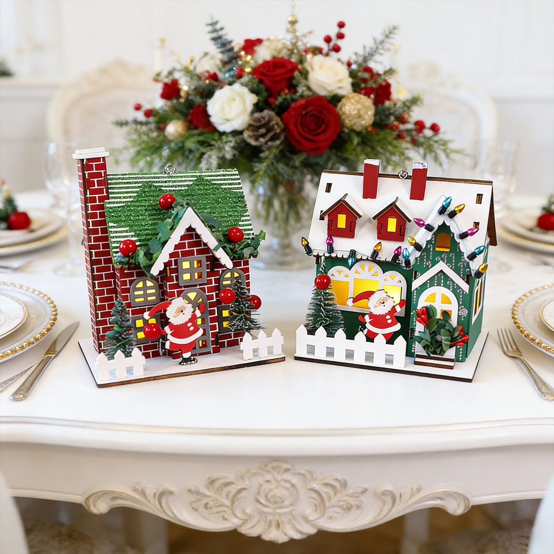 Decorative wooden Christmas house as hanging decoration or display piece