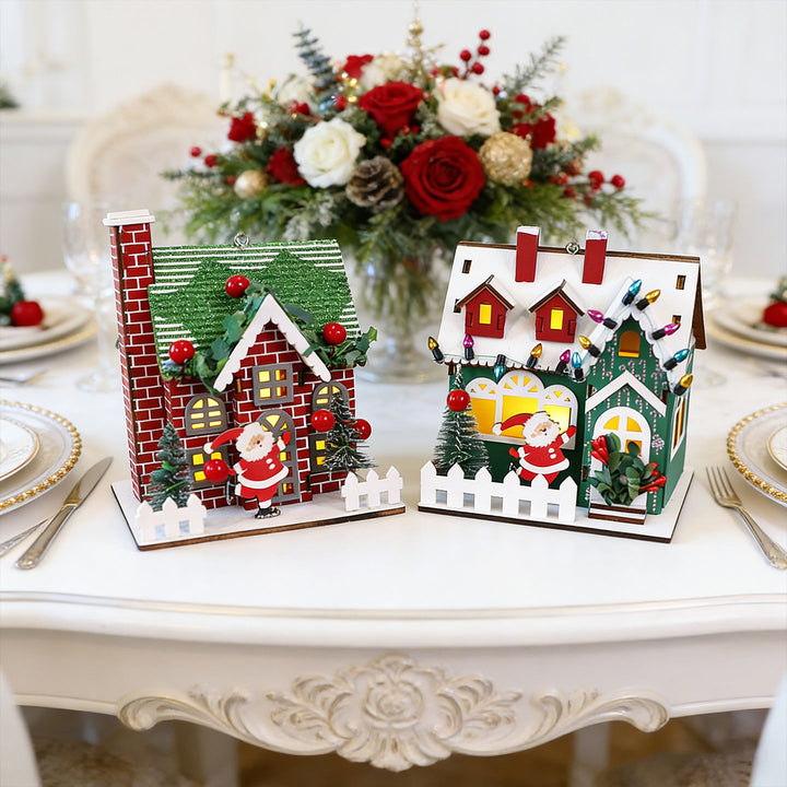 Decorative wooden Christmas house as hanging decoration or display piece
