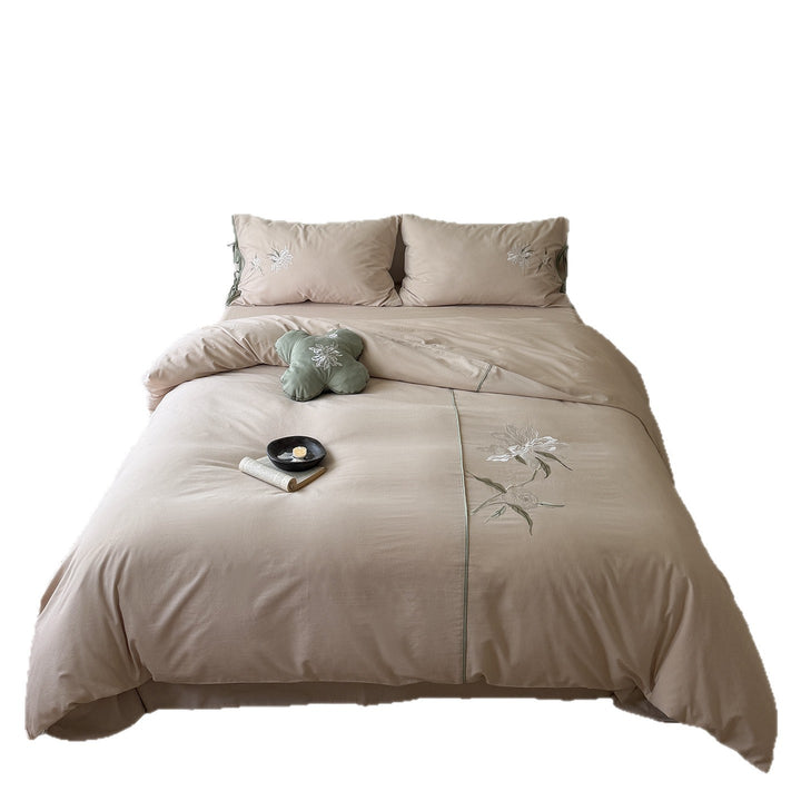 Embroidered cotton-linen bedding set with bows