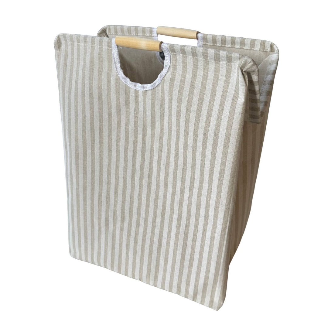 Collapsible laundry basket, cotton-linen, with wooden handles