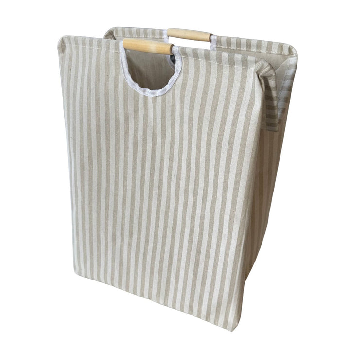 Collapsible laundry basket, cotton-linen, with wooden handles