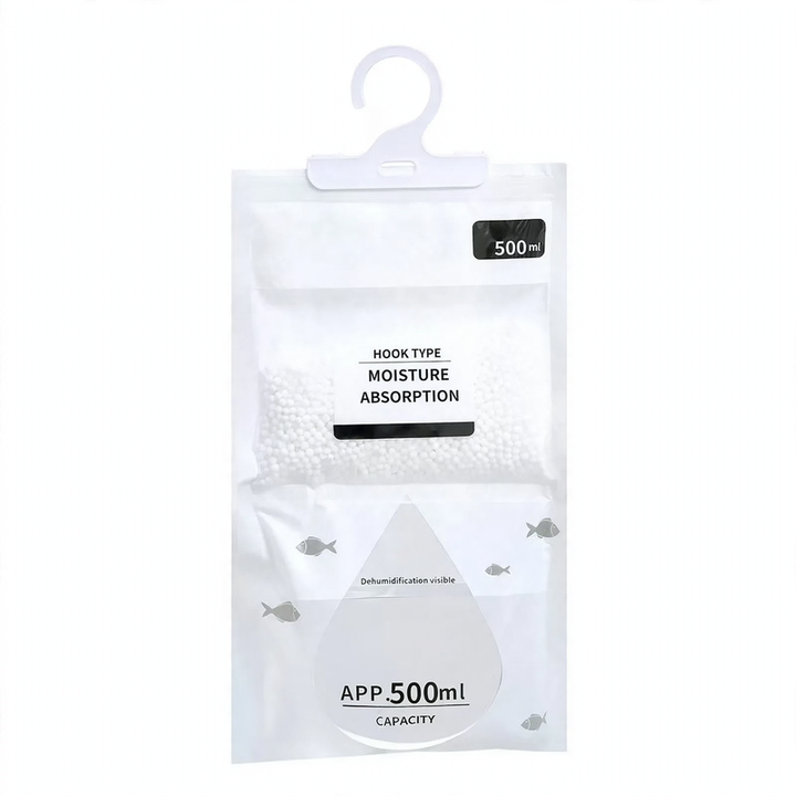 Hanging dehumidifying bag against moisture