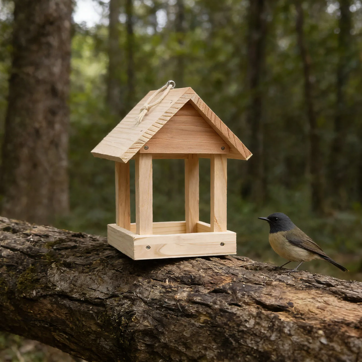 Open birdhouse made of wood as a feeding station