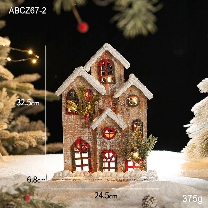Illuminated wooden Christmas house in European retro style