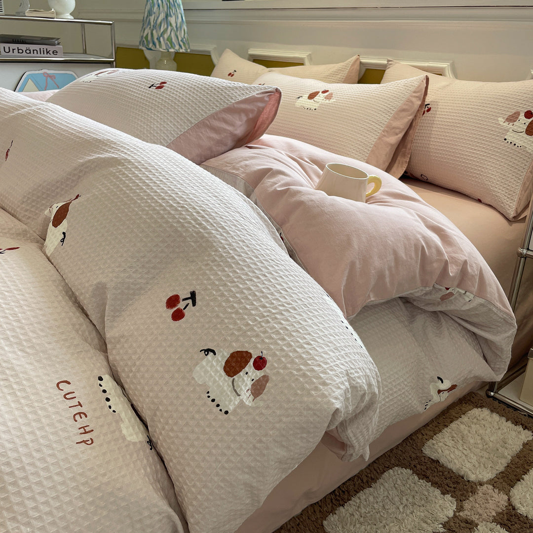Cotton bedding set, waffle pique look, printed