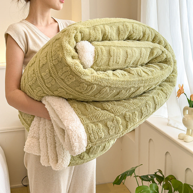 Jacquard sofa blanket with lamb fleece imitation, double-layered