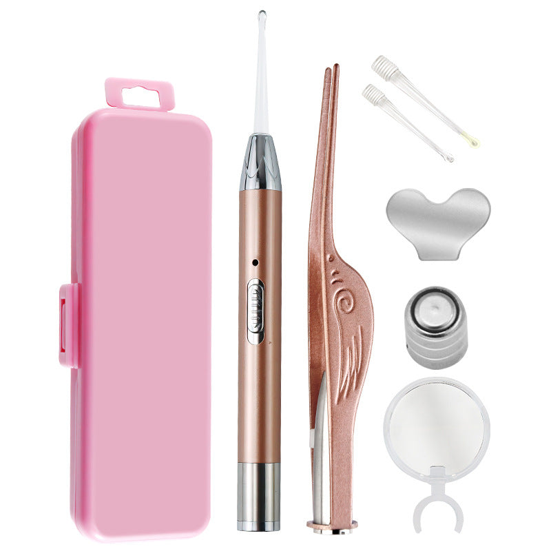 Illuminated ear cleaning set with tweezers