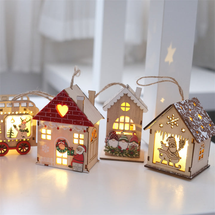 Illuminated wooden house, Christmas decoration for hanging or placing