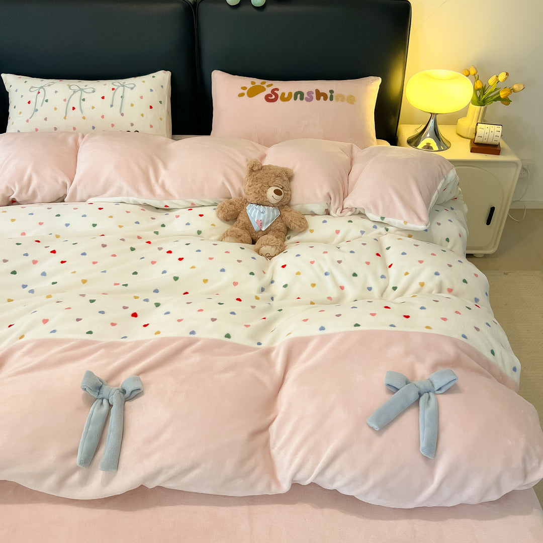 Milk fiber fleece bedding set with bow design