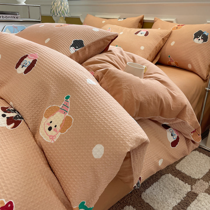 Cotton bedding set, waffle pique look, printed