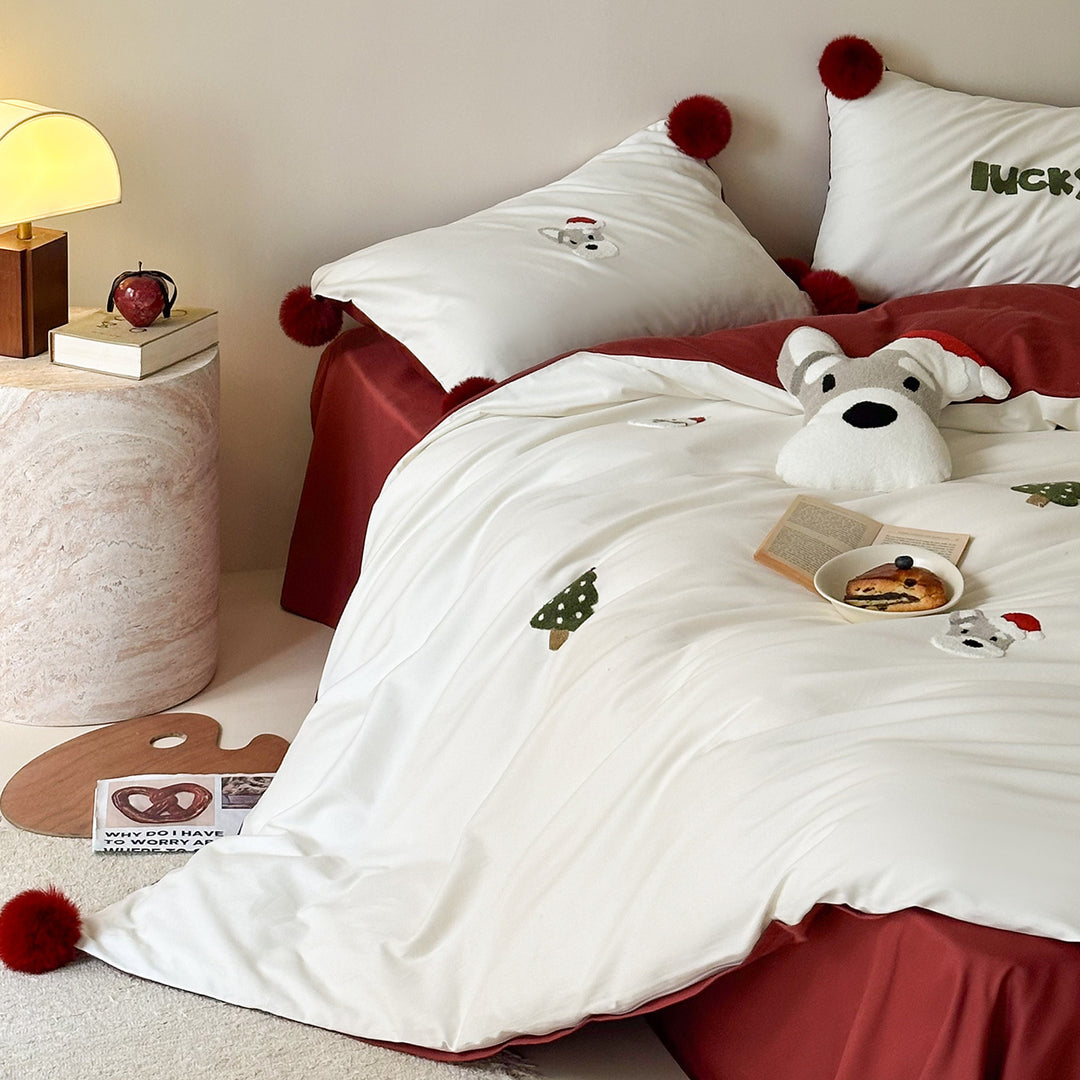 Cotton bedding set, cartoon design, with pom-poms