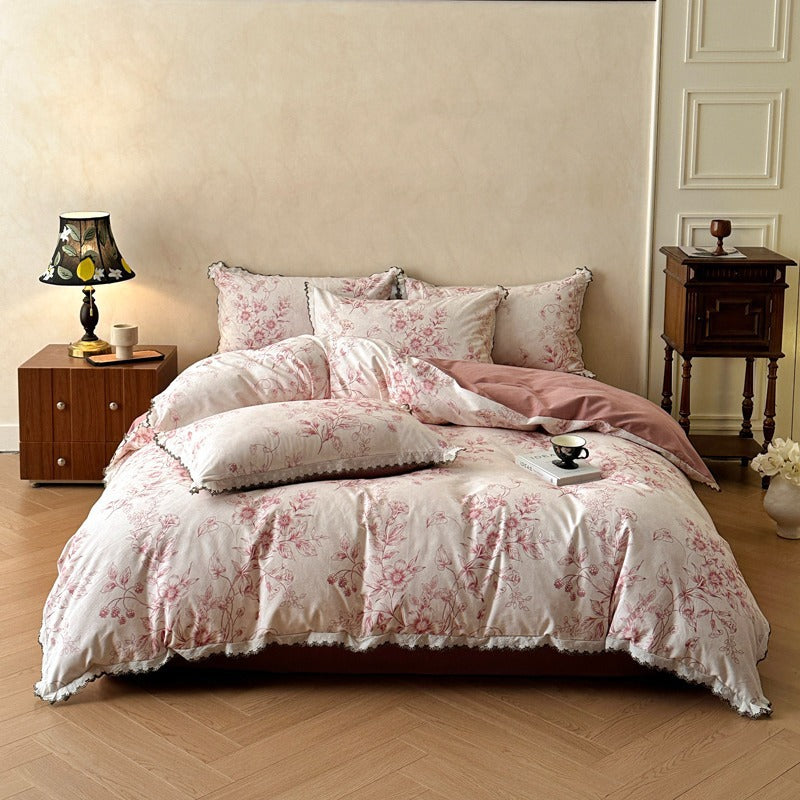 Cotton bedding set, brushed, vintage style, with lace trim