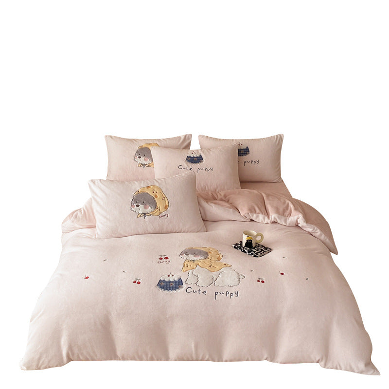 Milk fiber fleece bedding set, cartoon design, warm