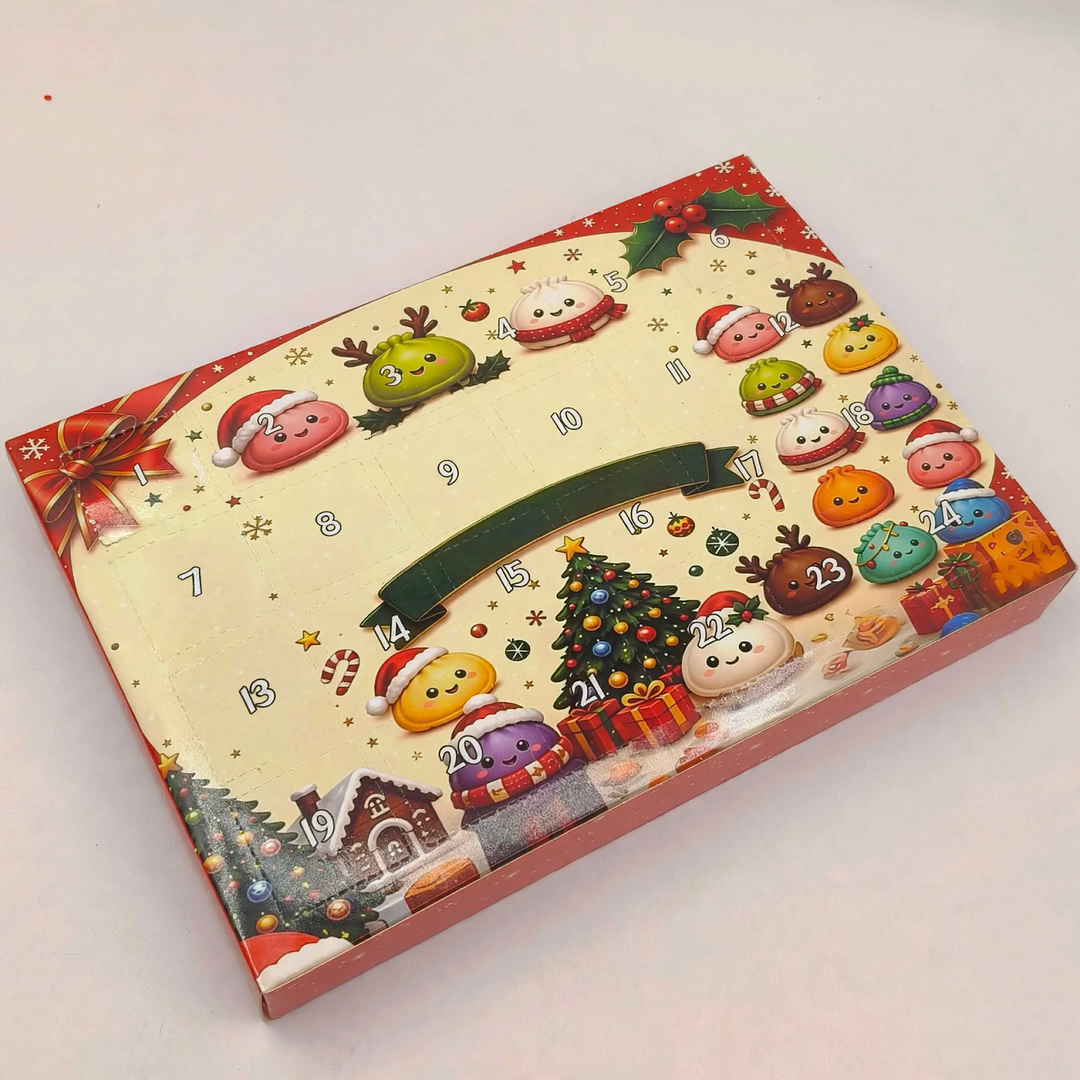 Advent calendar with 24 squishy figures in fruit and vegetable shapes