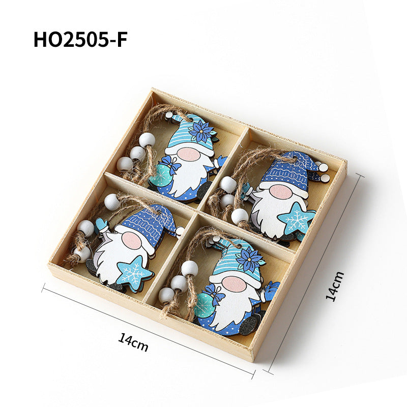 Christmas wooden pendant set, 4-piece box with gnome motifs