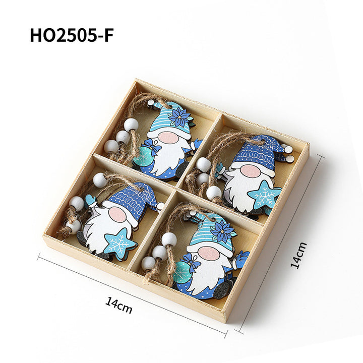 Christmas wooden pendant set, 4-piece box with gnome motifs