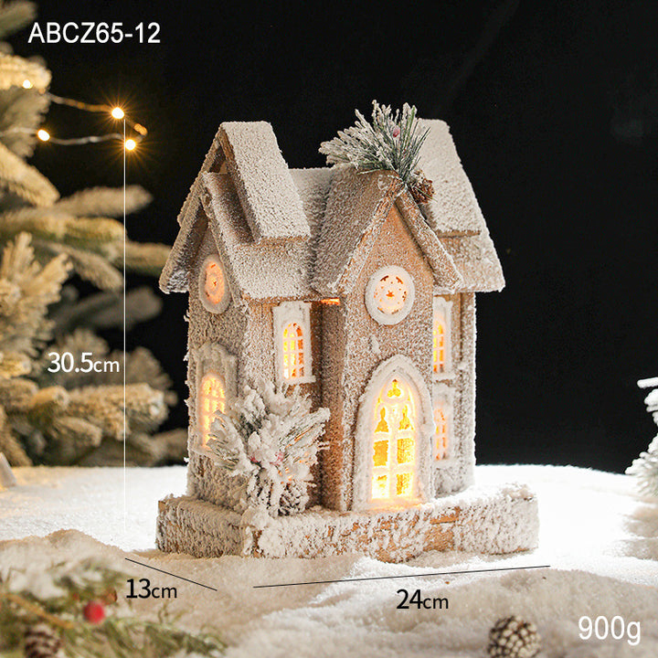 Illuminated wooden Christmas house in European retro style