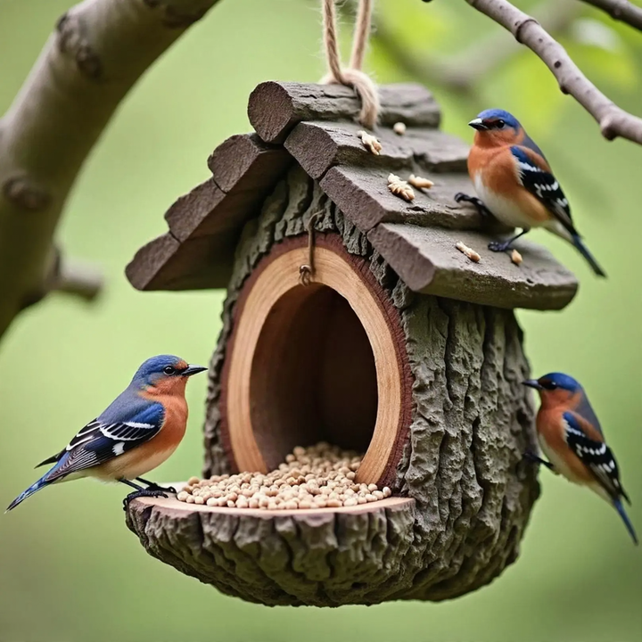 Decorative birdhouse in stump tree look made of resin