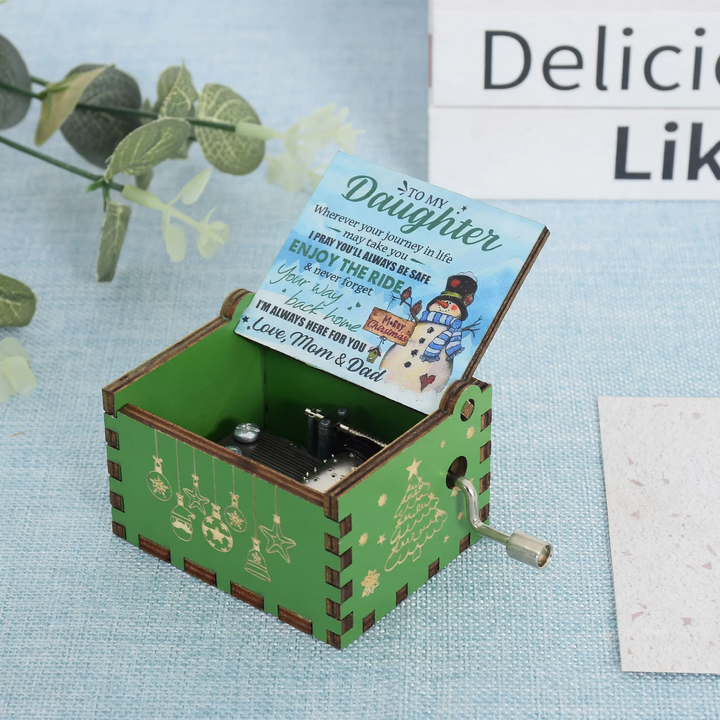 Compact wooden music box with laser engraving