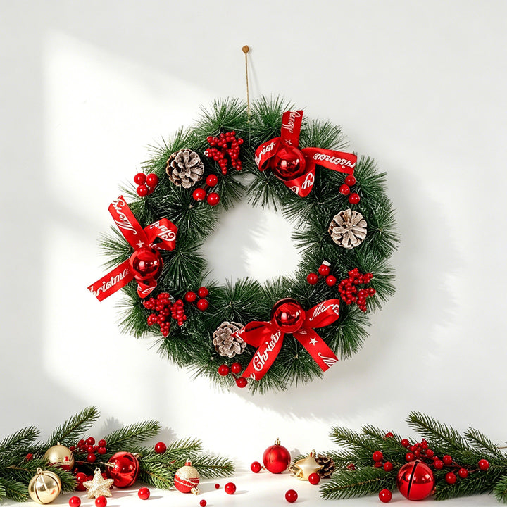 Decorative Christmas wreath with cones and LED