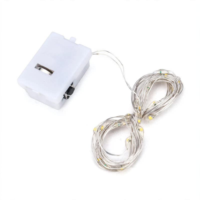 Compact LED string lights with battery operation
